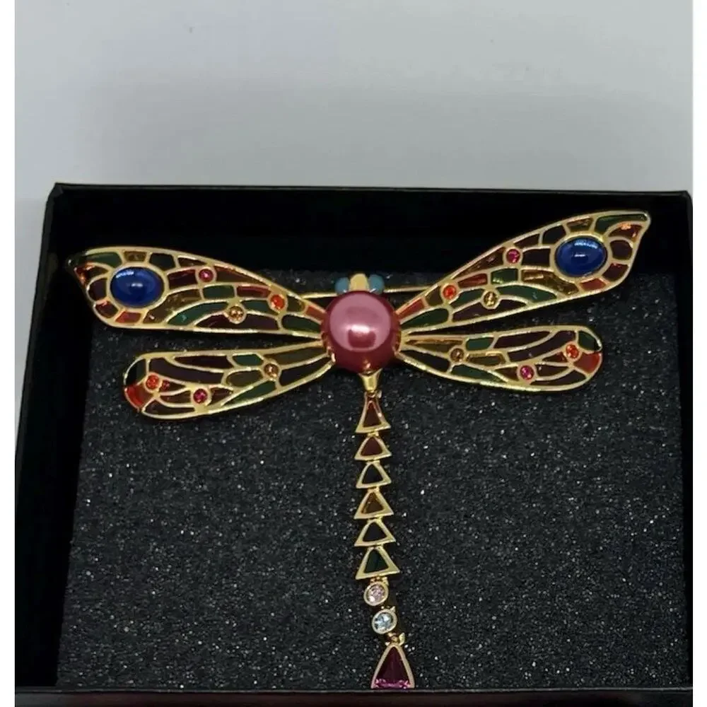 Joan Rivers Articulated Dragonfly Brooch, Plique a Jour Wings, Gold Tone (Origi